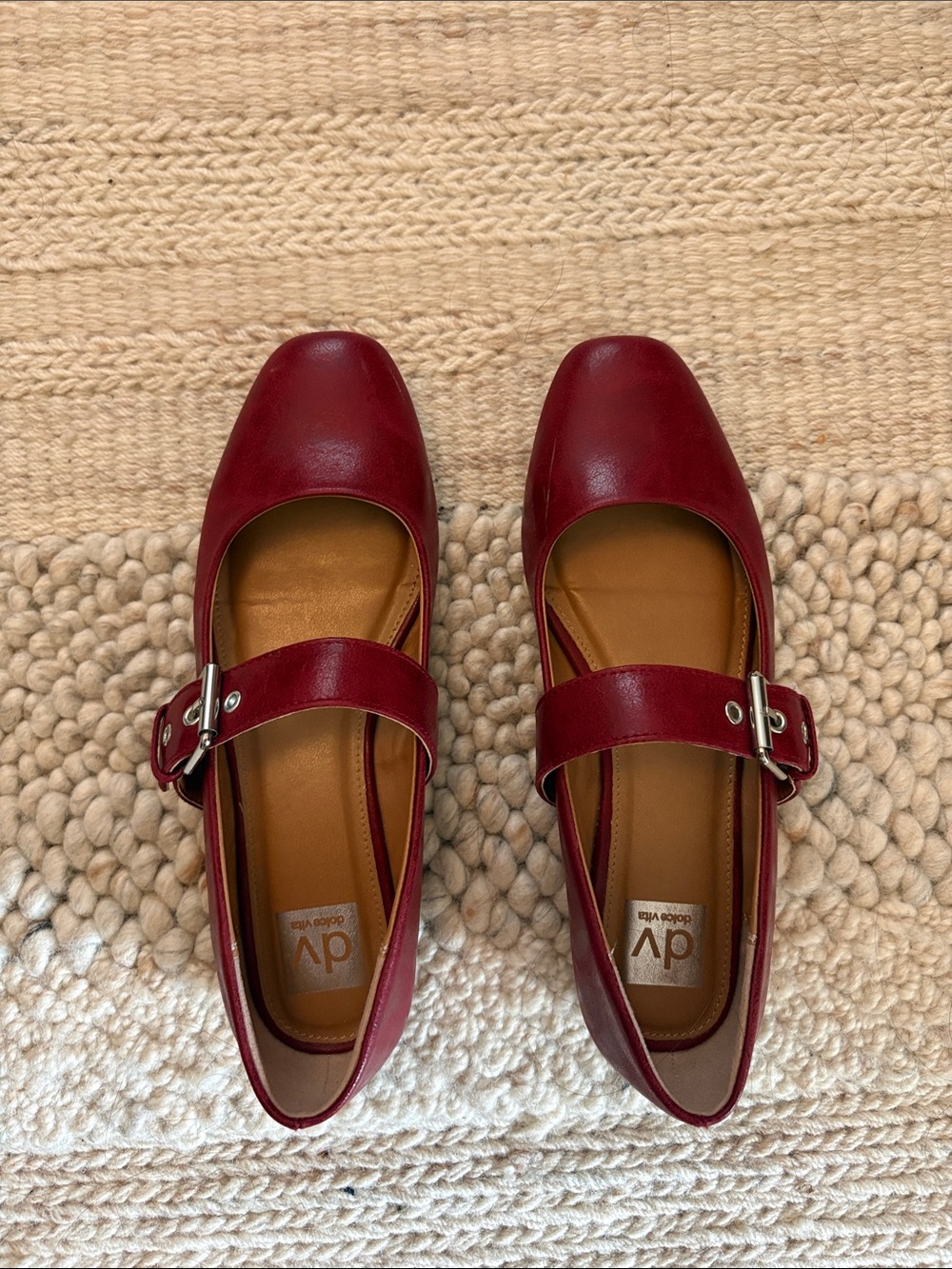 DV by Dolce Vita Burgundy Leather Mary Jane Flats with Buckle Strap